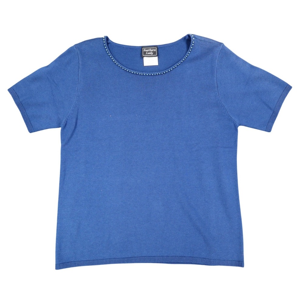 Southern Lady Sweater Top Womens Small Blue Beaded Neck Short Sleeve 111M NWT